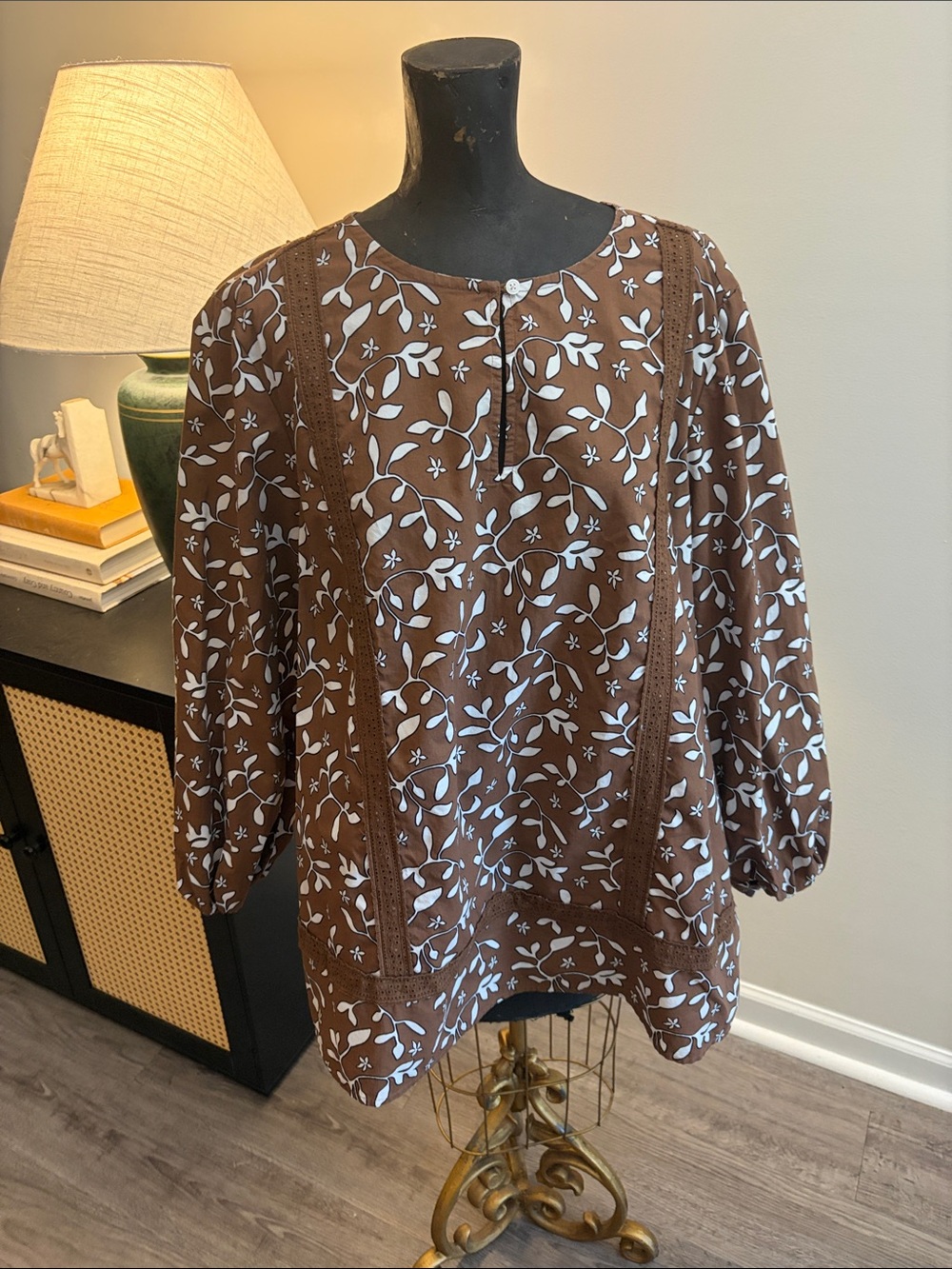 Land’s End 100% Cotton Boho Pop-Over Brown Floral Peasant Tunic Top Size 1X - Picture 4 of 13